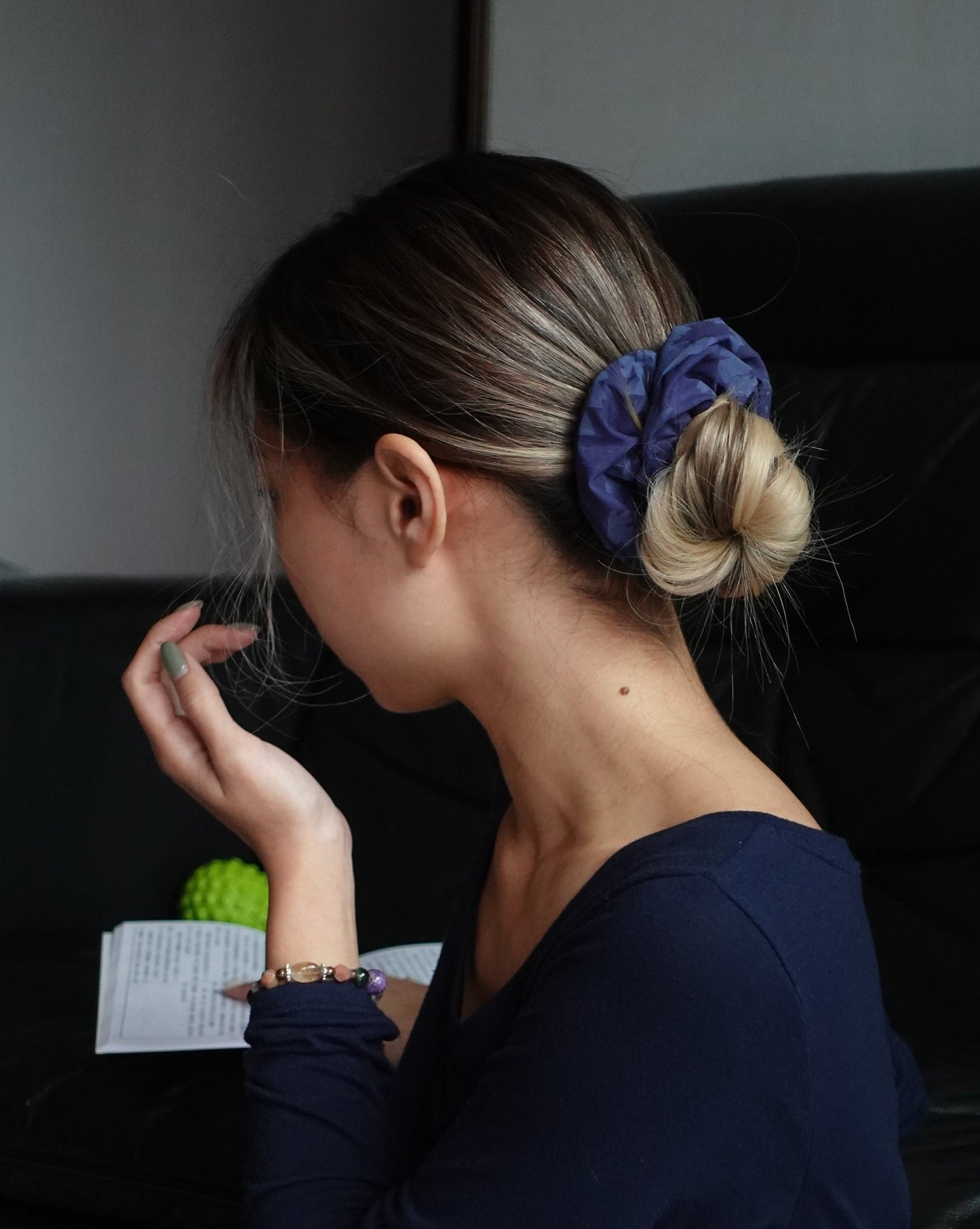 Navy Tone-on-tone Floral Scrunchie