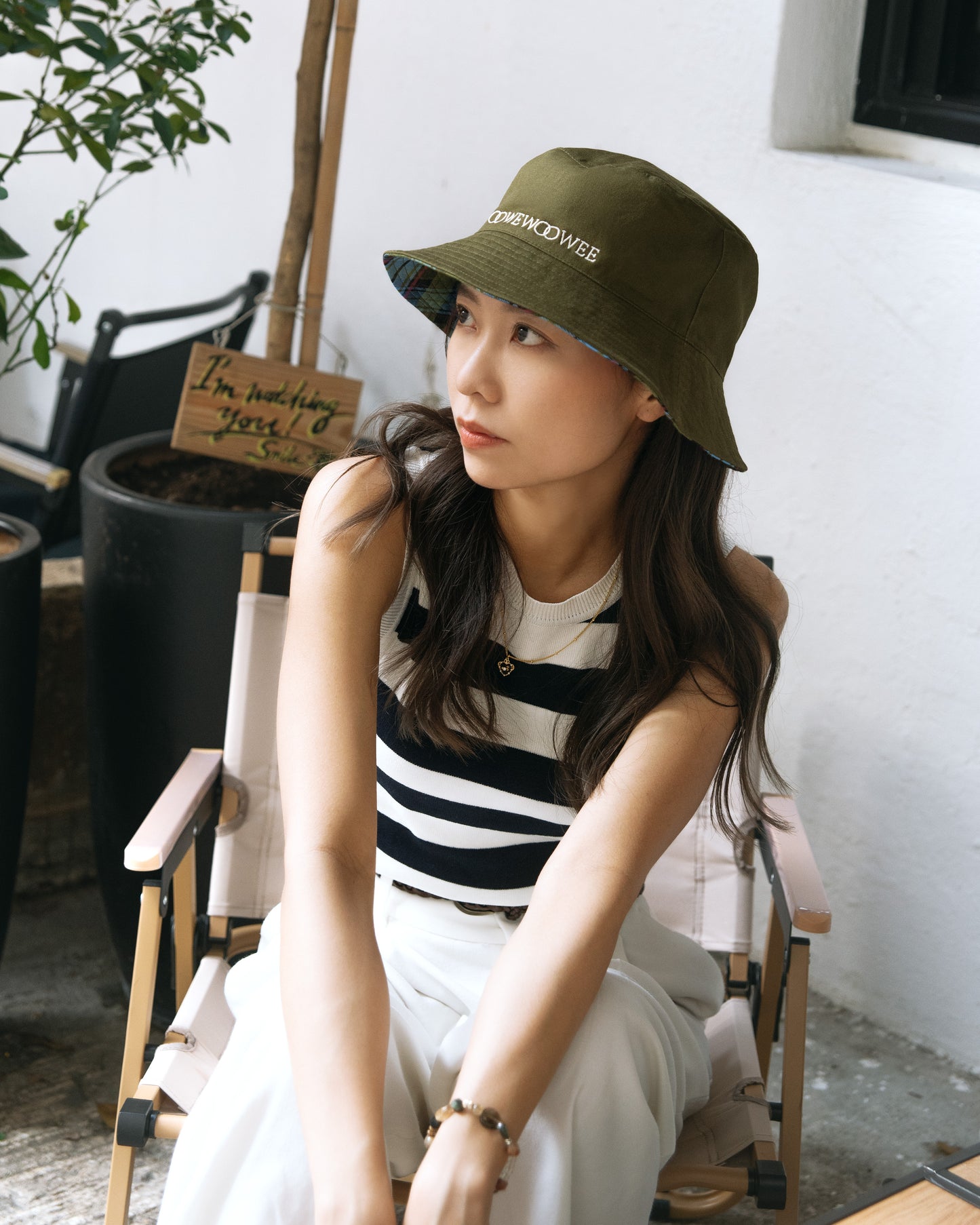 2-Sided Bucket Hat - Blue Olive Joyful Checkered