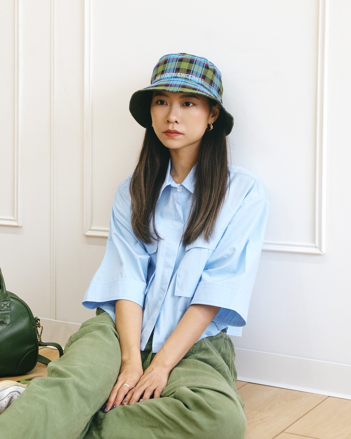 2-Sided Bucket Hat - Blue Olive Joyful Checkered