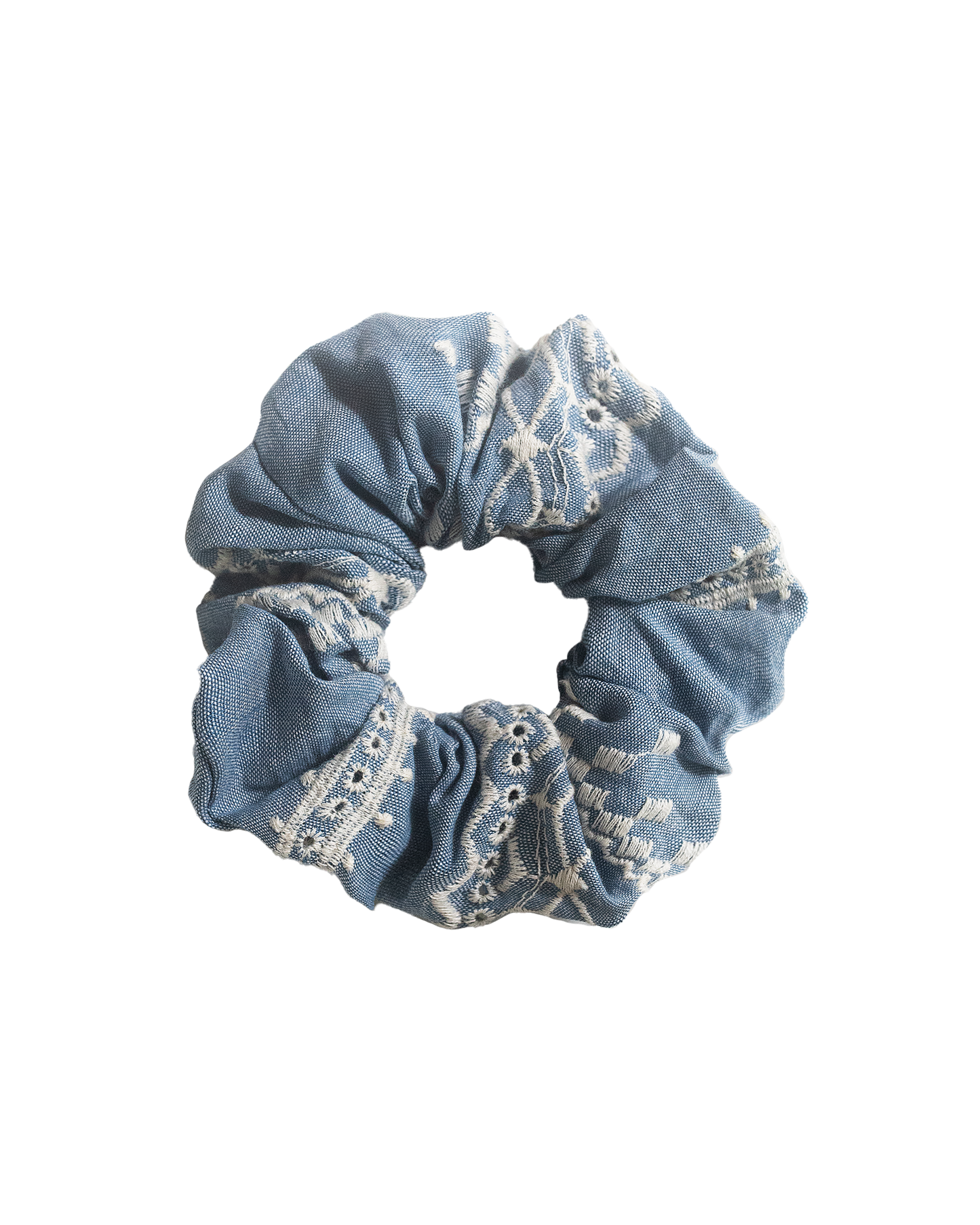 Blue White Embroidery Scrunchie