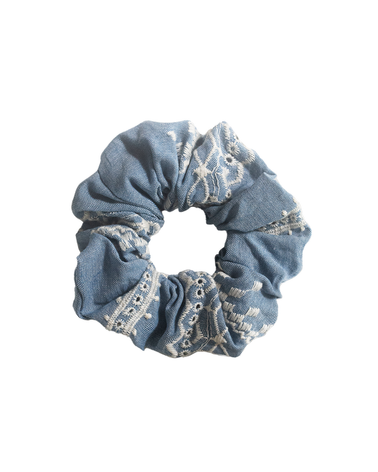 Blue White Embroidery Scrunchie