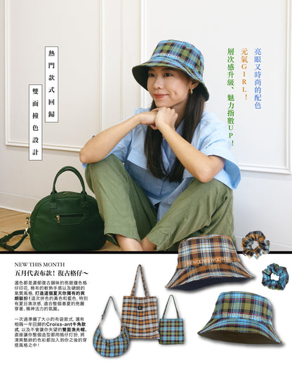 2-Sided Bucket Hat - Blue Olive Joyful Checkered