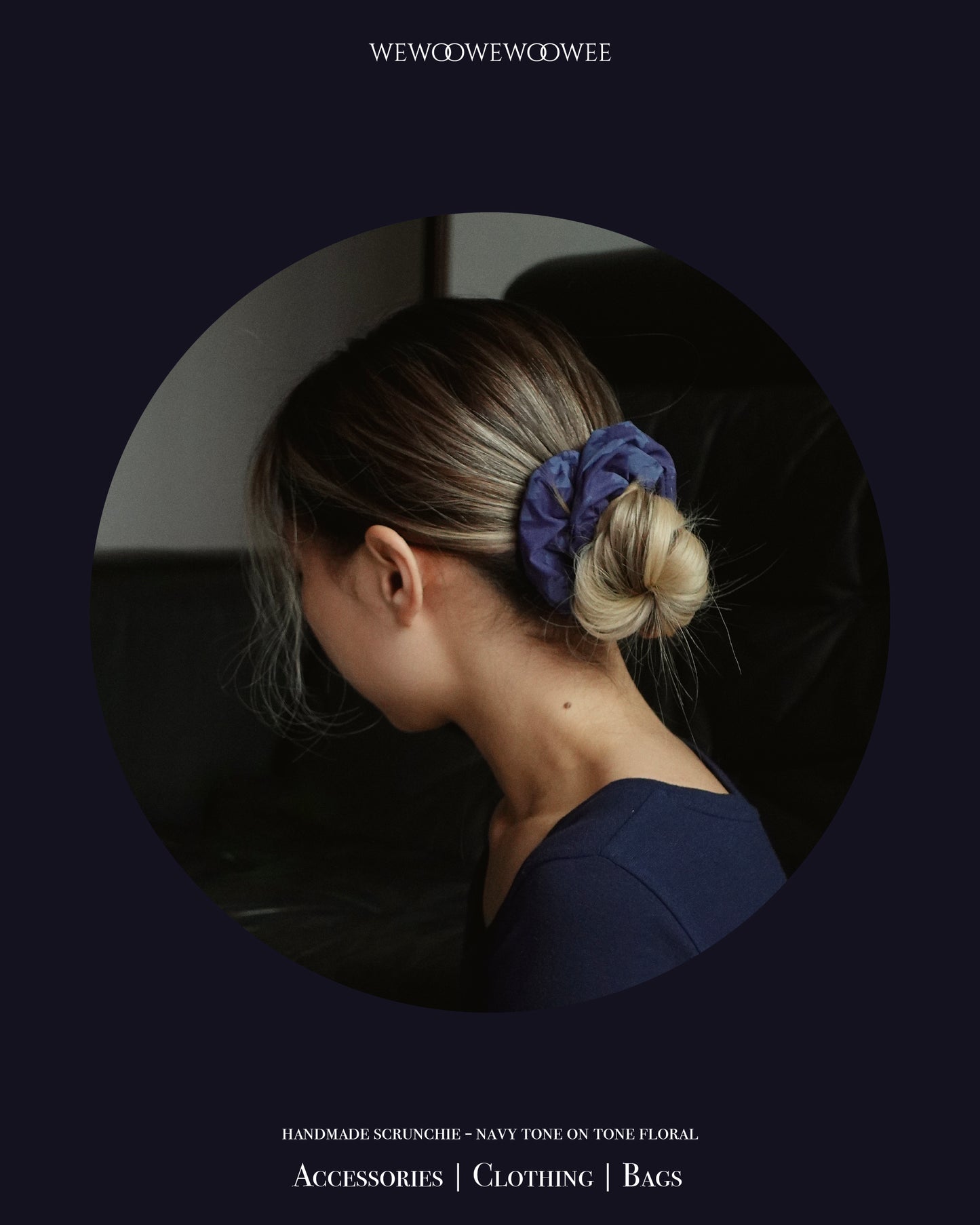 Navy Tone-on-tone Floral Scrunchie